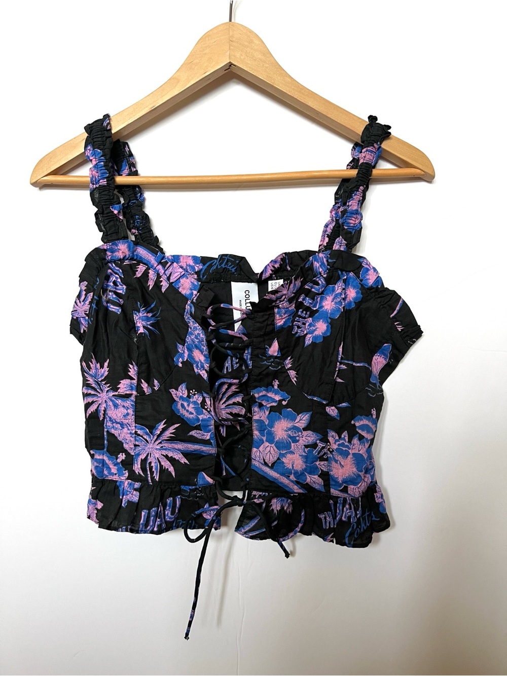 Collusion ruffle tropical black blue pink pink corset top boning lace up 6